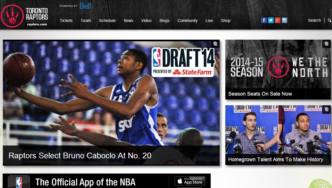Capa do site do Toronto Raptors enfatiza a escolha do ala brasileiro (Reprodução Site)