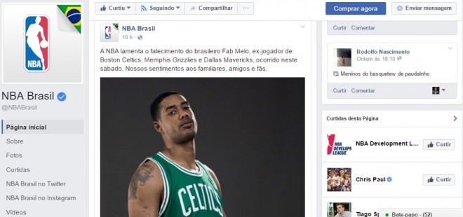 O perfil da NBA Brasil no Facebook homenageou Fab Melo (Reprodução Facebook)